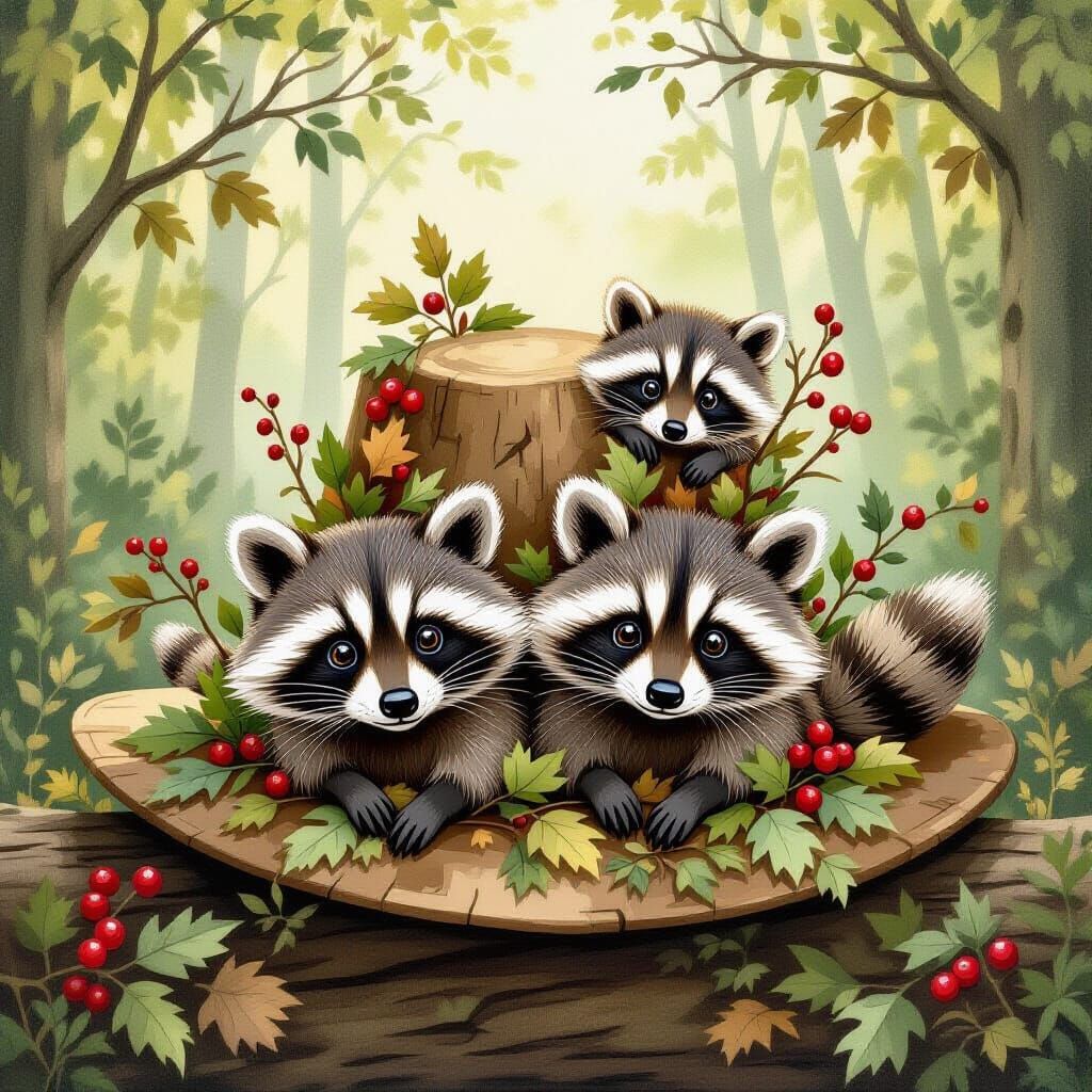 Whimsical Forest Hat Adorned with Charming Raccoons