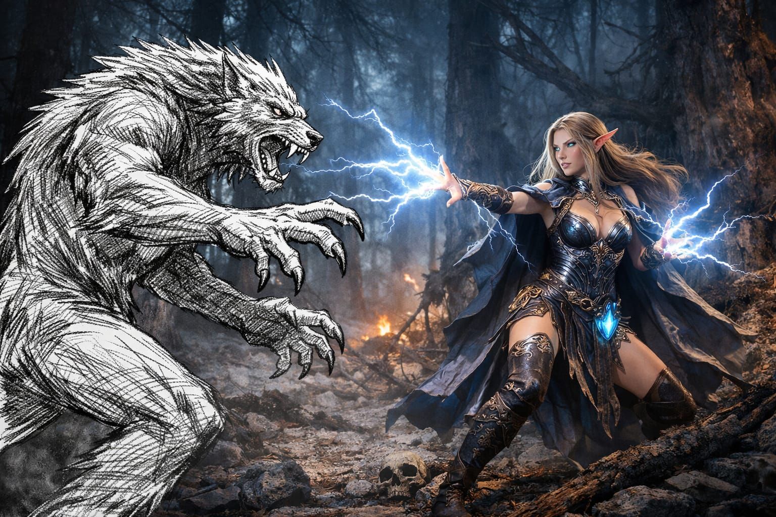 Elf Mage casts 2D spell on Werewolf