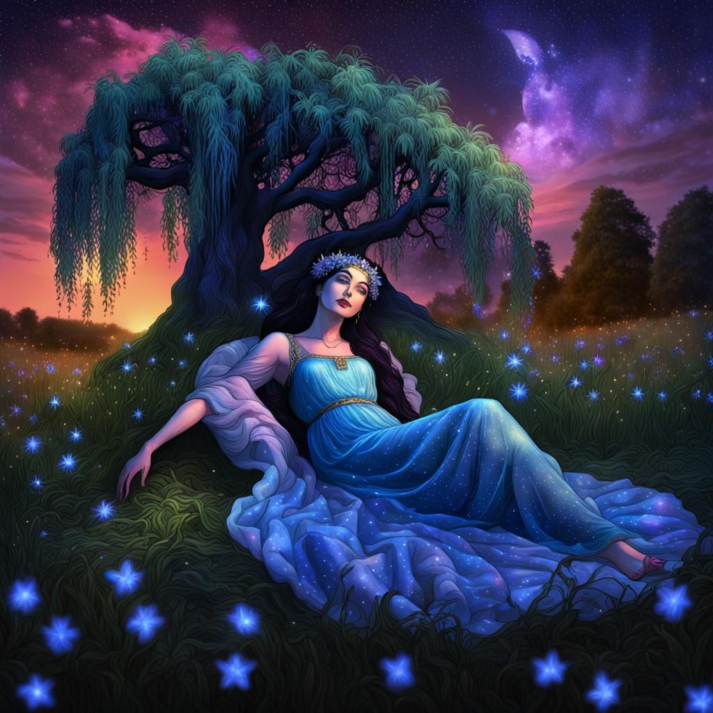 Raven-haired Queen Titania, gorgeous matriarch of the fairies, reclines ...