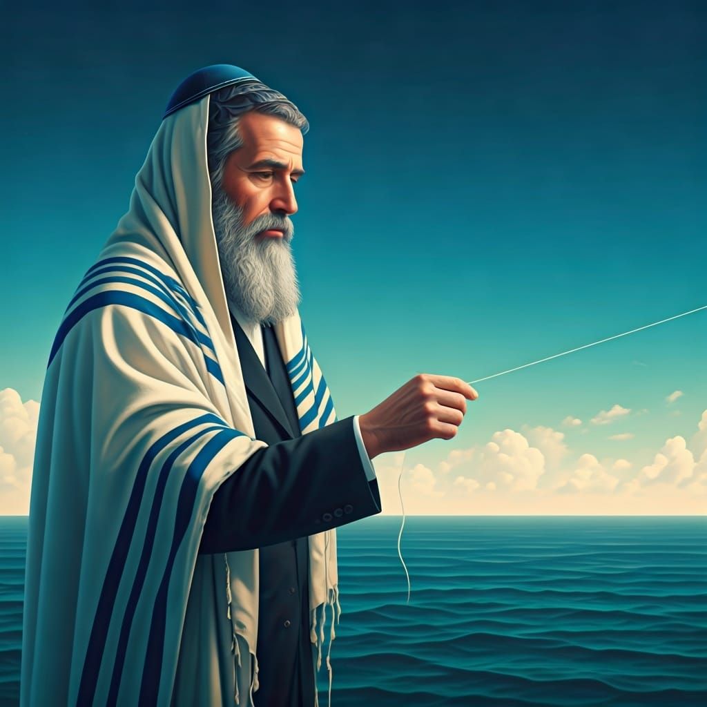 A pleasant man with a Jewish appearance, holding a thin thread like a hair stretched across the sky, beneath him is a la...