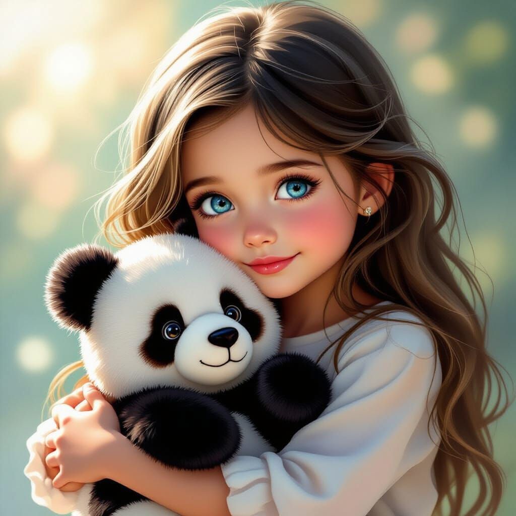 Beautiful Girl Hugs Panda Bear in Warm Daylight
