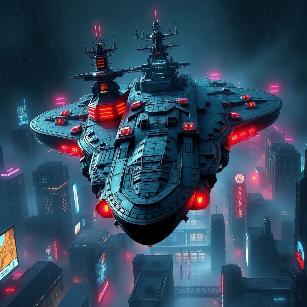 A gargantuan, perpendicularly symmetrical flying airship, merged with an aircraft carrier and the iconic Space Battleship Yamato, integrate...