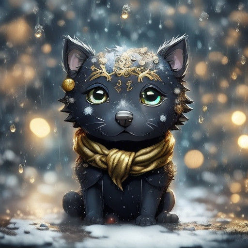 Chibi Cat in Santa Hat, Golden Christmas Setting in Vibrant...