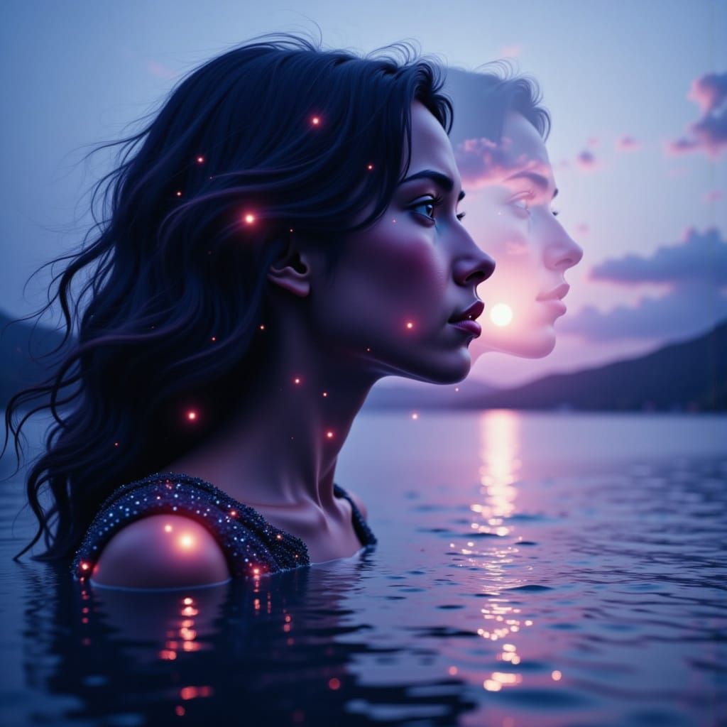 DEXP, double exposure of a woman and a man. <lora:The DeXp of Red:1.0>