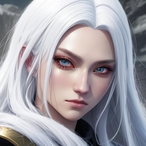 A high fantasy young, teenager anime girl with long, white h...