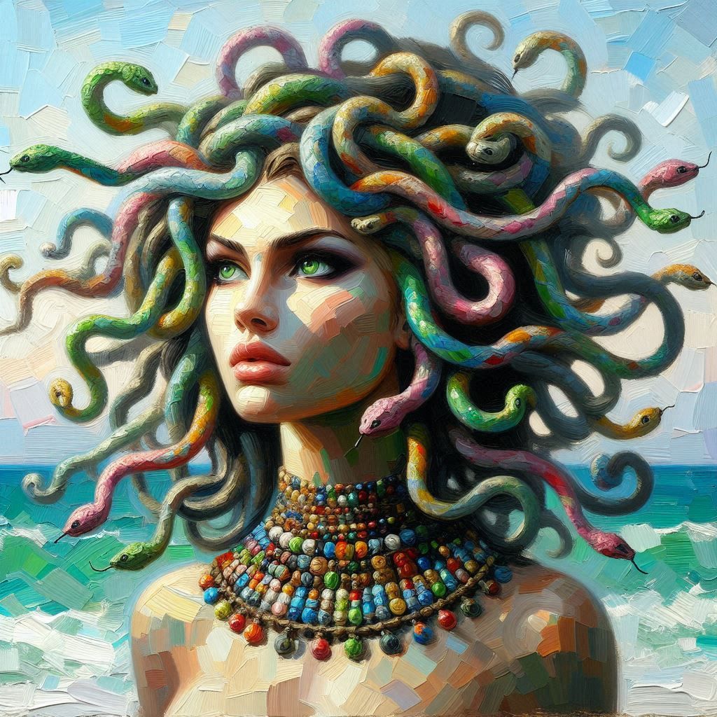 Medusa modeling her beads necklace at the beach v3