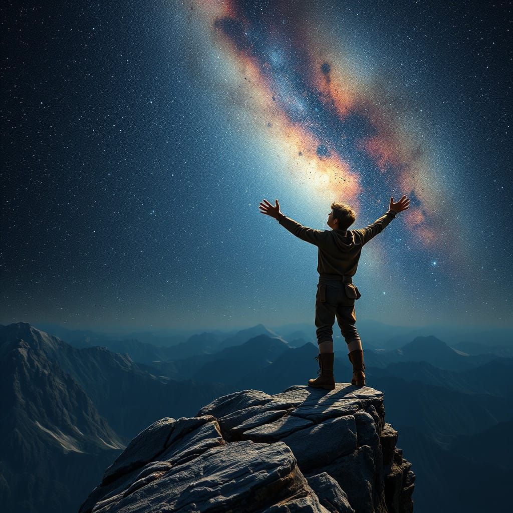Young Man Stands at the Edge of a Windswept Mountain, Arms O...