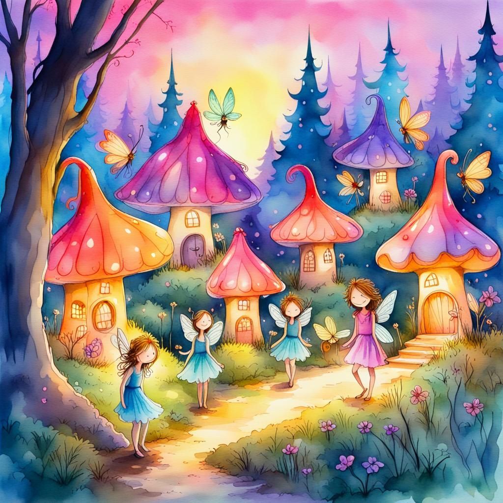 smiling fairies in fairy village illuminated at sunrise with smiling ...