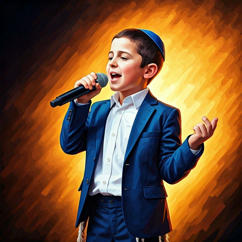 Boy in Kippah Sings with Joyful Expression in Vibrant Colors