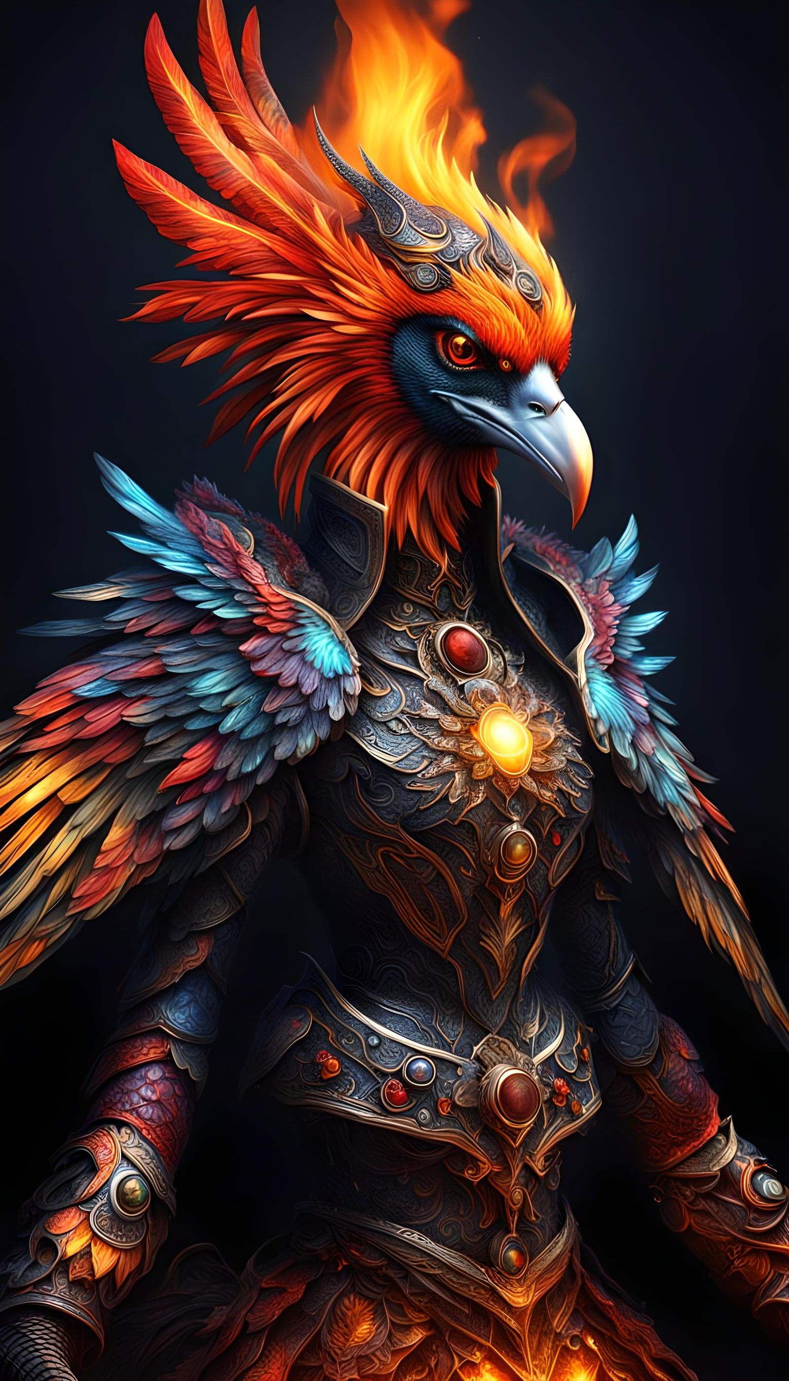 Hyperrealistic  beautiful phœnix darkness intricately, in fire, detailed colorful clothing and futuristic ...  by @Delete