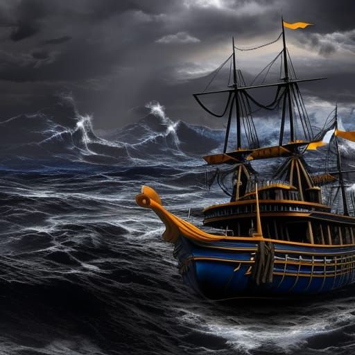 Pirate ship in the stormy sea