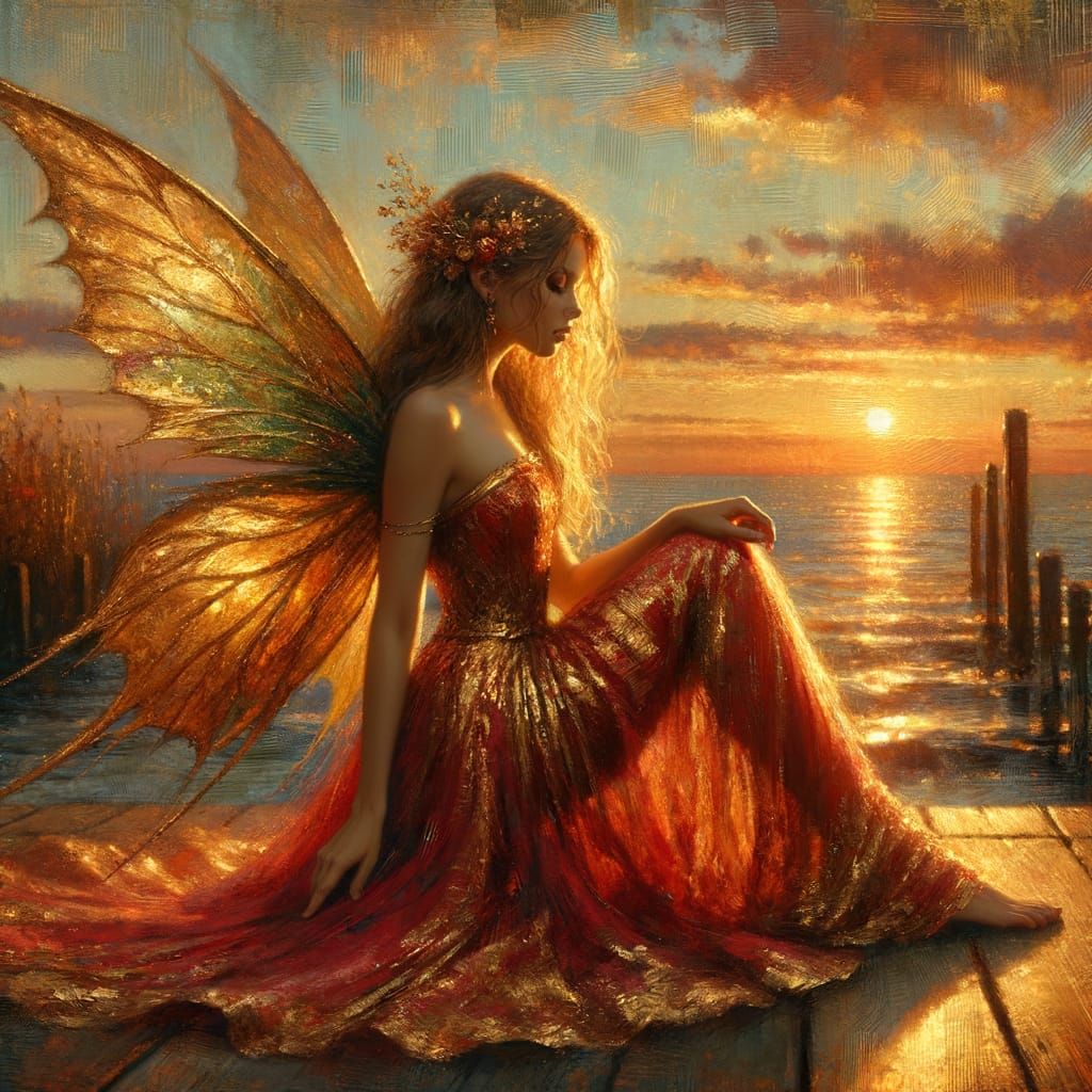 "a fairy princess sitting on dock, red shimmering dress, gold wings, golden hour sunset, messy long hair, ...  by @Rosa Maria Balbas Prieto