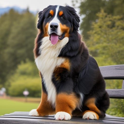 An Ultrarealistic Bernese Mountain Dog on a park bench Professional photography, bokeh, natural lighting, canon lens, sh...