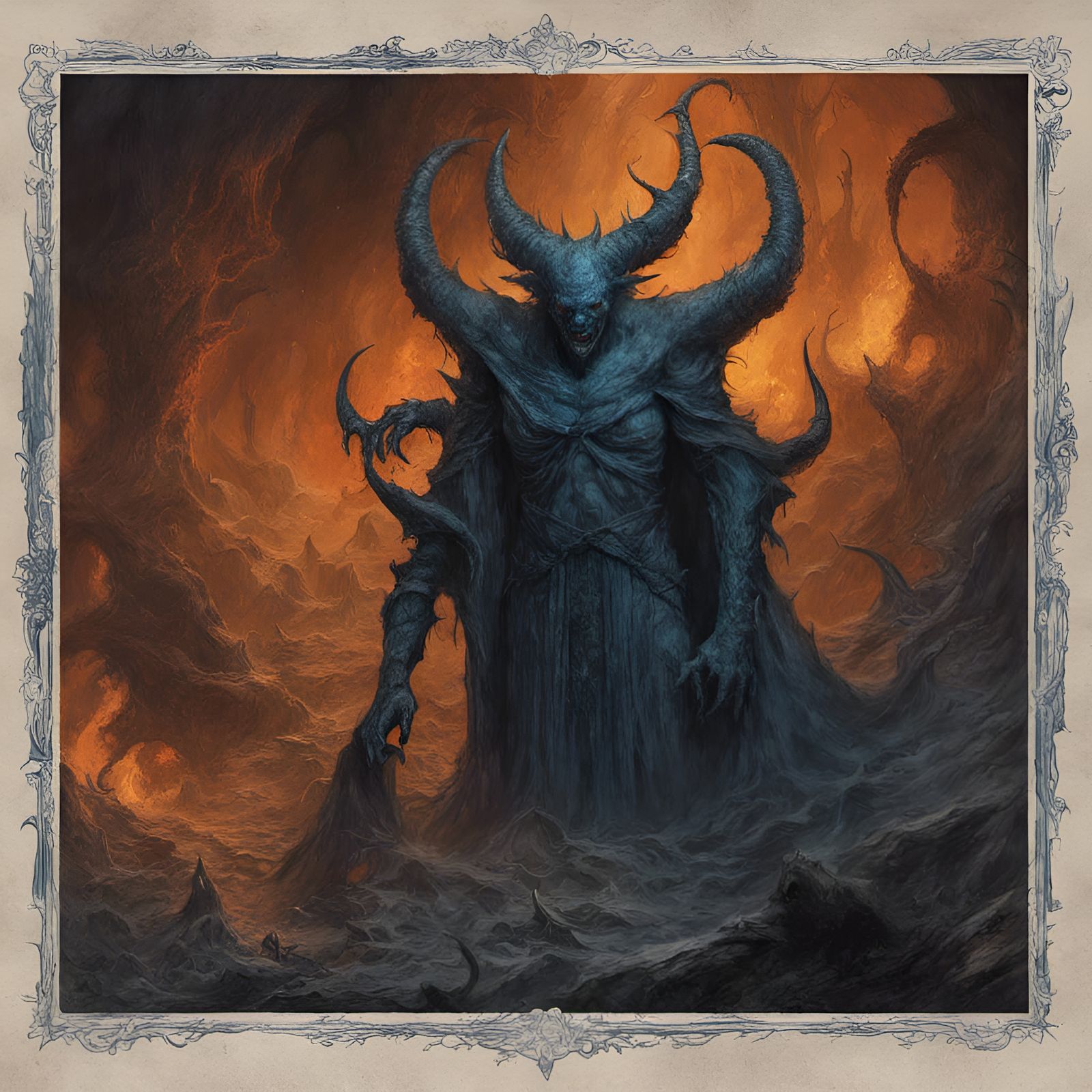 demon book page in Hell,blue and black,orange mist in the st...