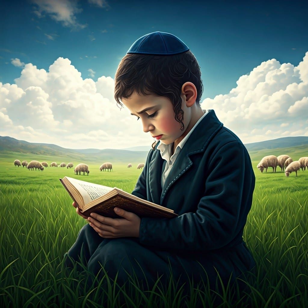 Serene Chassidic Boy in Whimsical Landscape