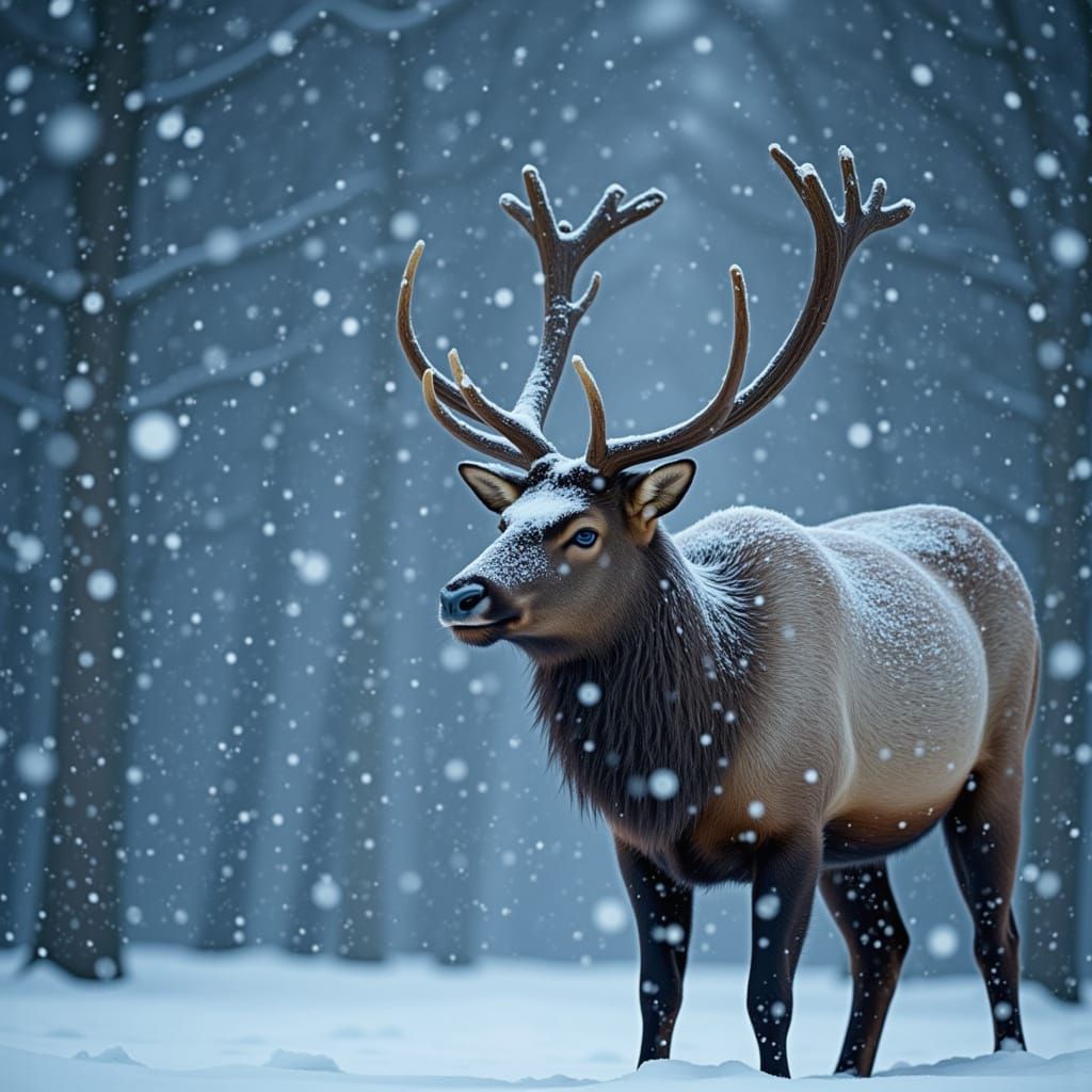 <lora:Snowfall Engine V1:1.0>snow catches light, an elk looking at the viewer, flakes in dynamic motion UHD photorealistic intricate detail