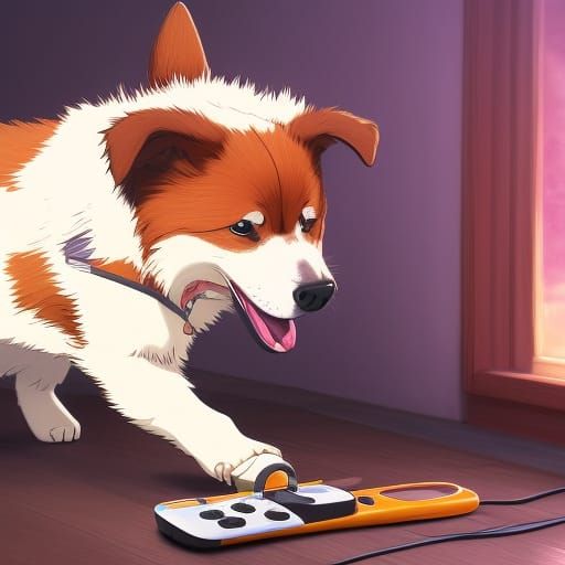 dog eating a wii remote