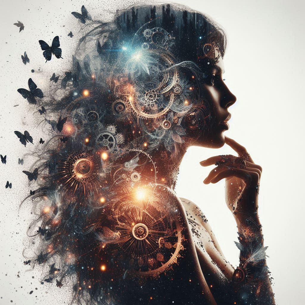 double exposure beautiful fantasy DALL-E 3 portrait landscape..