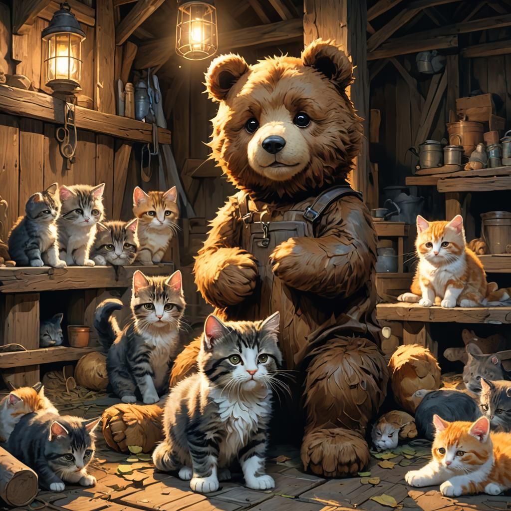 Teddy Bear raising kittens in the old barn light at dawn ; watercolors ; 16k resolution concept art by Moebius Gustave Courbet dynamic light...