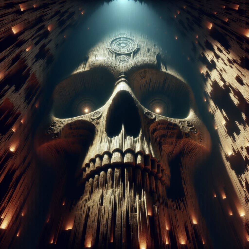 <lora:Monolithic Skulls:7.0> Spanning the width is a logo with the text: "Monolithic Skulls" done in UHDR textures with dynamic volumetric l...