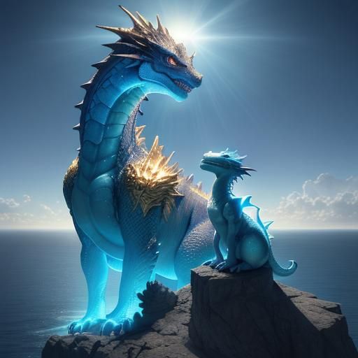 A mystical dragon with glowing golden-blue eyes standing on ...