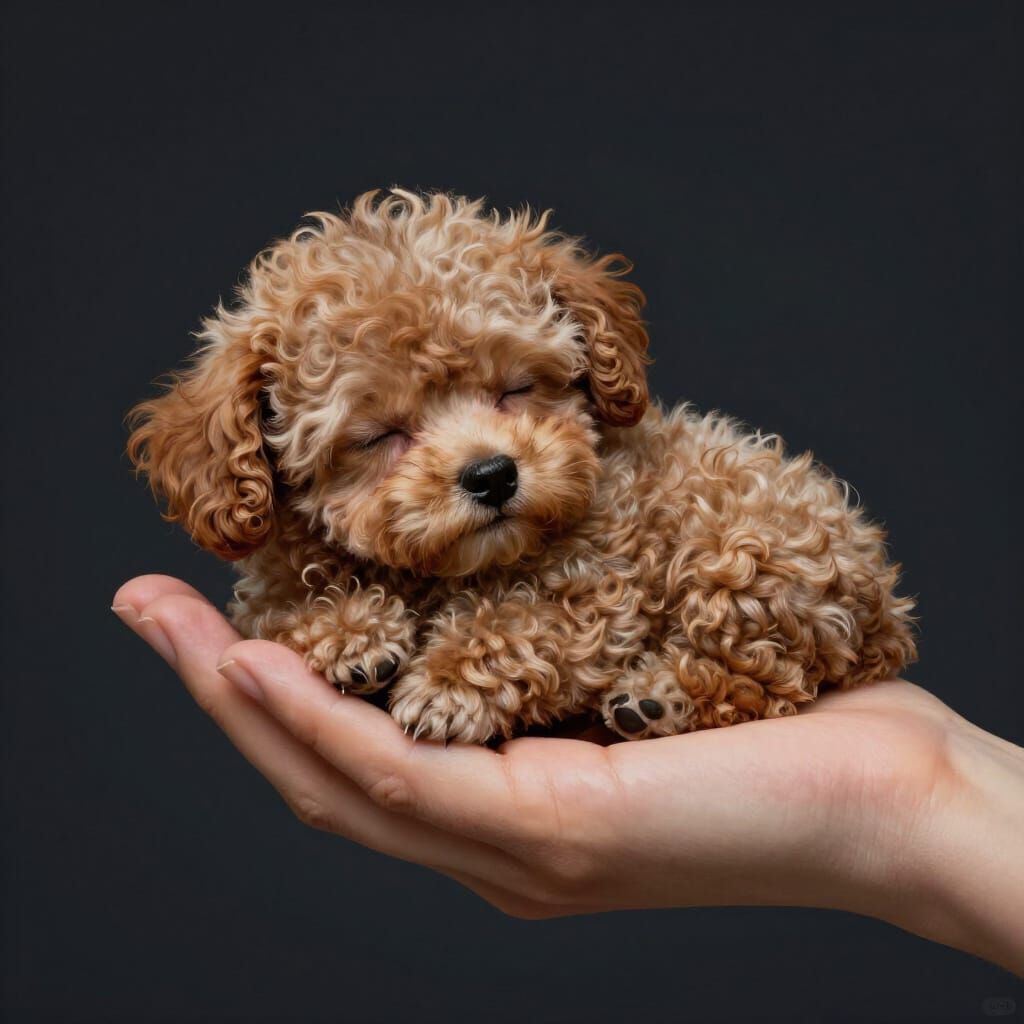 Tiny Poodle Puppy Sleeping in Hand: Matte Painting