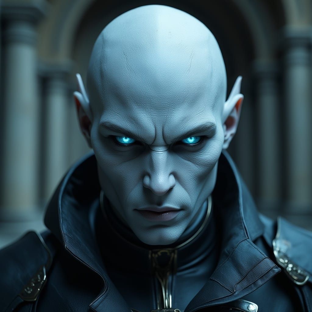 <lora:MJ6 RPG Flux:1.0> A photorealistic portrait of a vampire humanoid with pale skin, blue eyes, and a hairless head wearing futuristic gr...