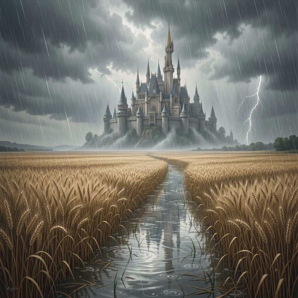 Golden Wheat Field Under Stormy Skies with Fantasy Castle