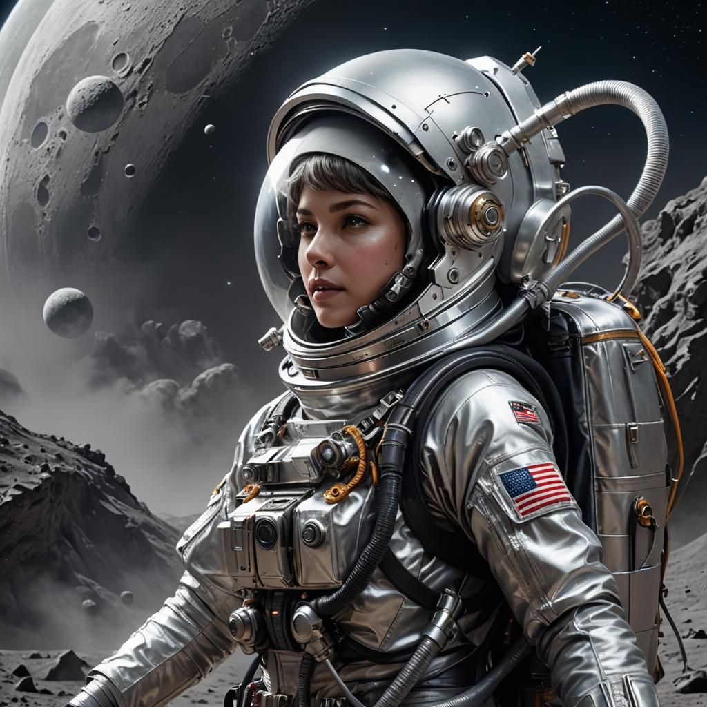 029 A beautiful female astronaut wearing a silver spacesuit ...