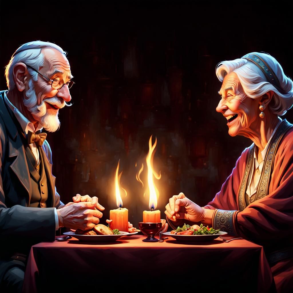 An elderly couple laughing, having a candlelit dinner  by @Sassy Cassie
