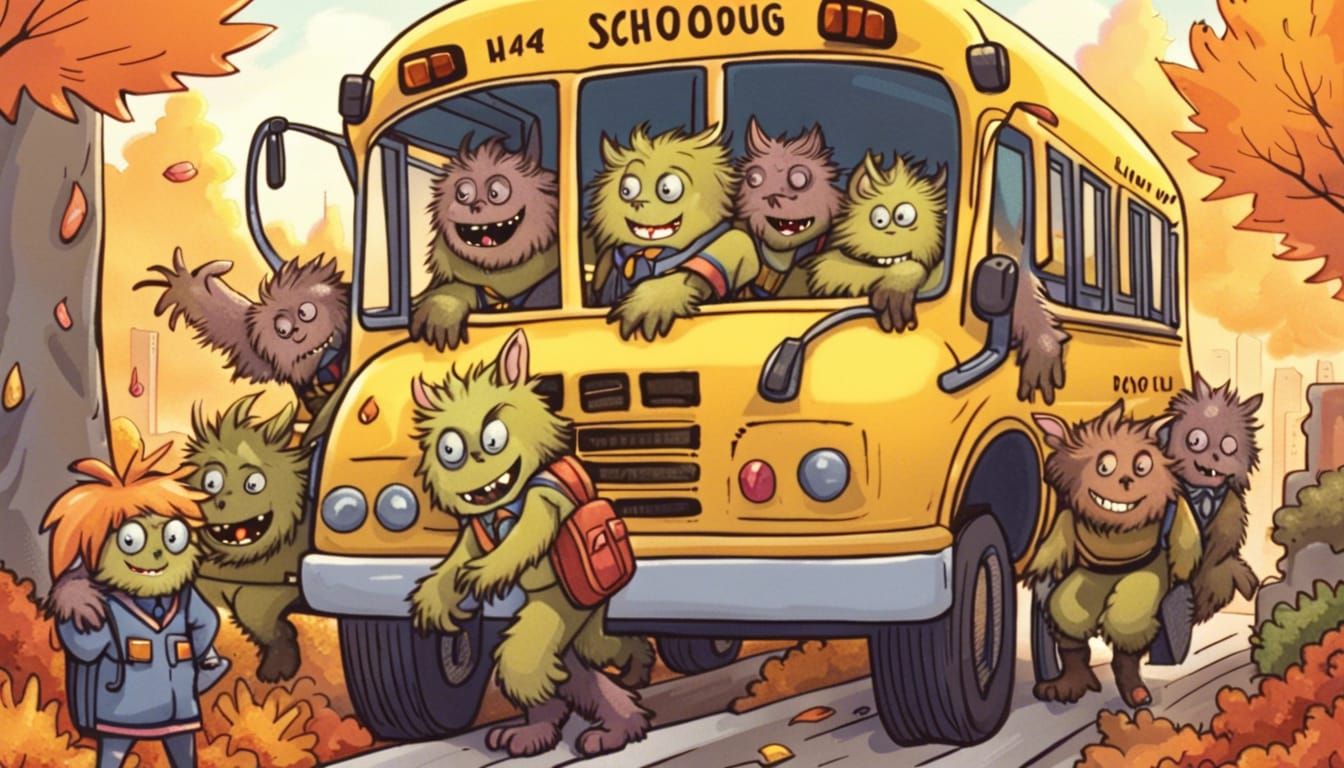 monsters getting on the bus for the first day of school