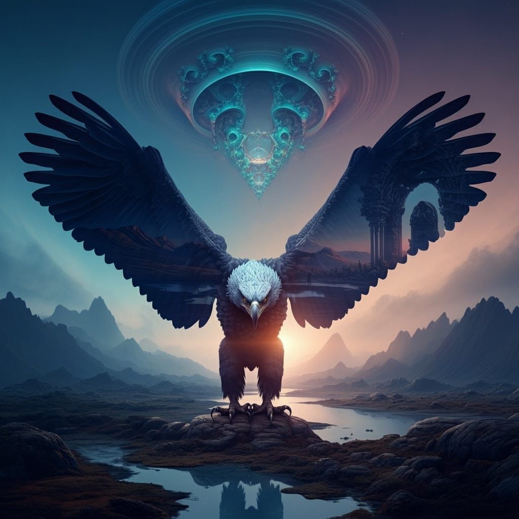 Cyberpunk Xenomorph Eagle Amidst Bismuth Fractal Rings