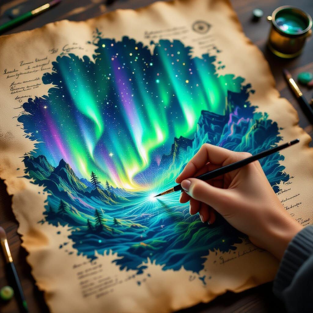 Microscopic World Painted on Parchment with Auroral Light