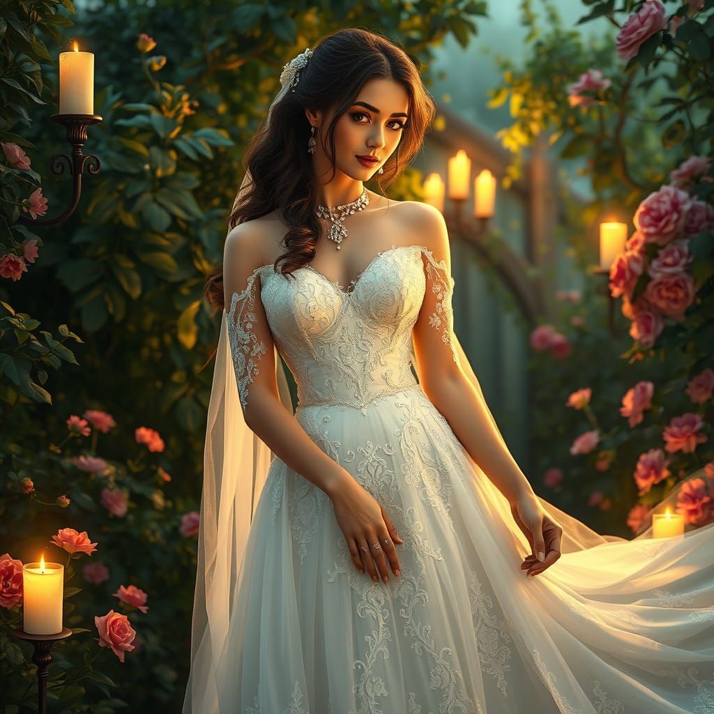 Romantic Bride in Candlelit Garden, Inspired by Pre-Raphaeli...
