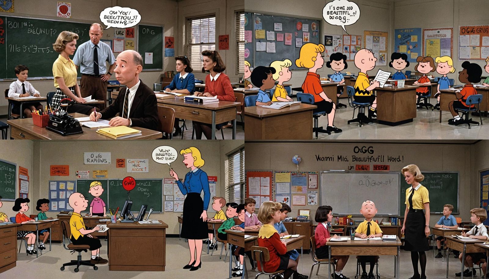 Charlie Brown sits in a school classroom. Thinking about his teacher ...