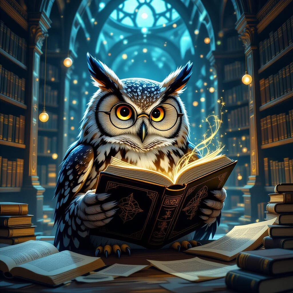 Magical owl in ancient library   by @Torek