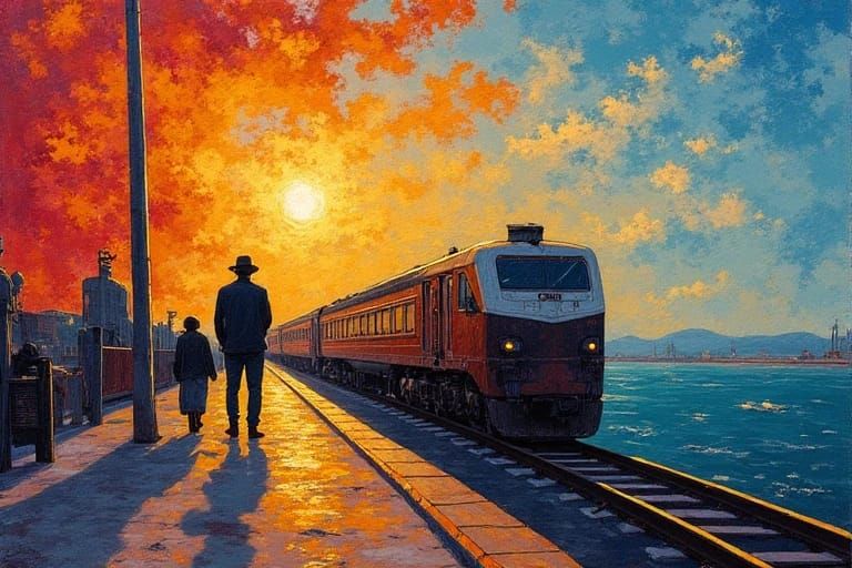 Une peinture expressionniste abstraite et vibrante d'un train