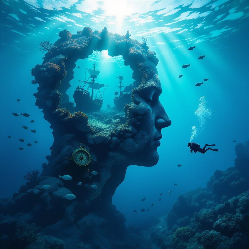 Create a surreal, dreamlike underwater setting. The focal point is the gigantic silhouette of a man's ...  by @morr5750