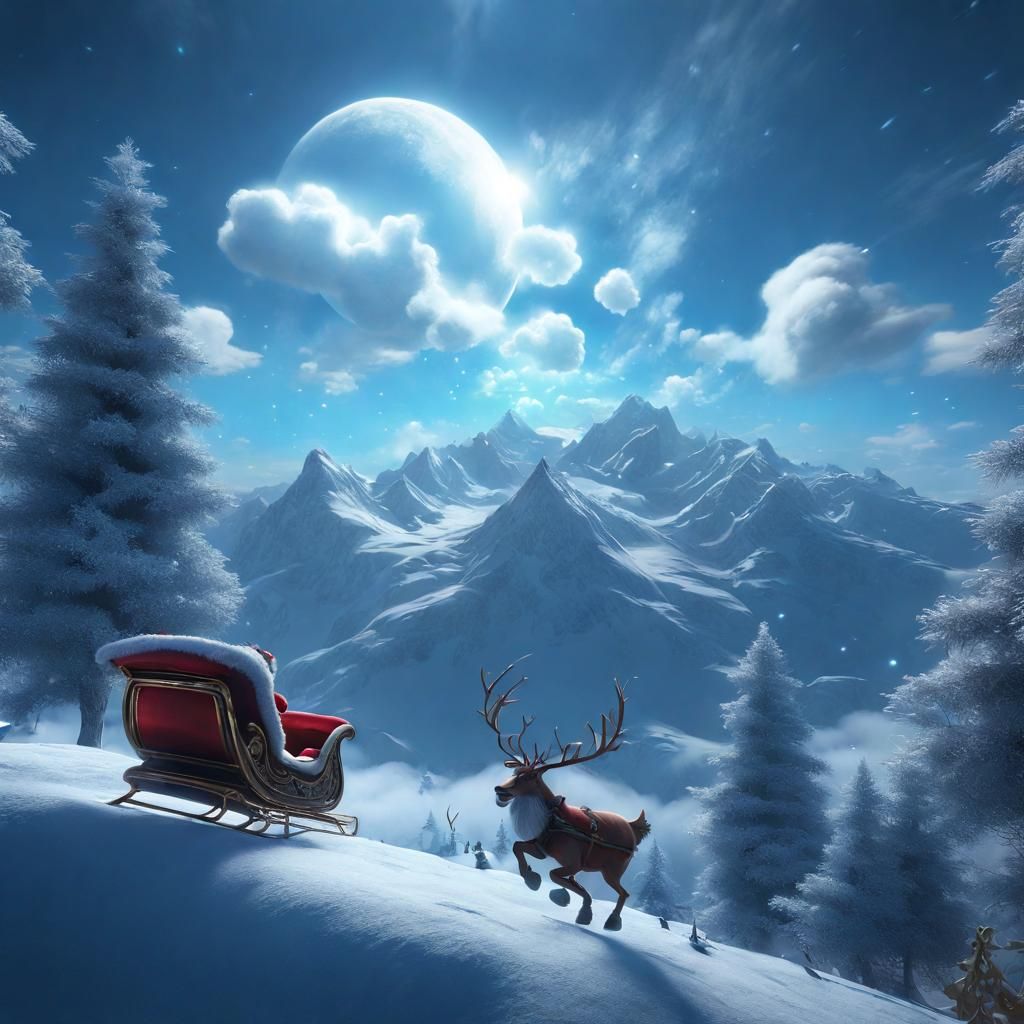 blue, cross, Christmas, santa, sleigh, clouds, snow, mountains, horizon