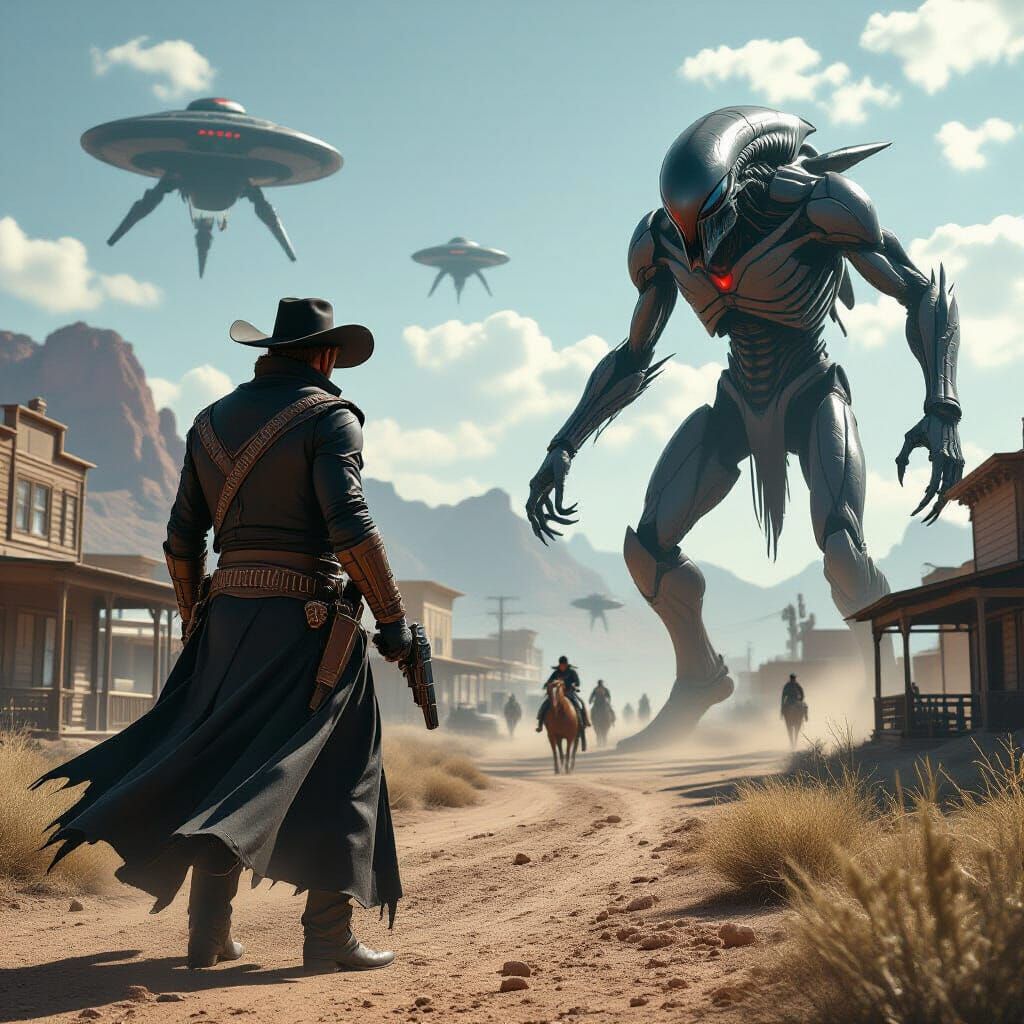 A grizzled experienced cowboy dressed in black facing off against the predator aliens attacking his town. 