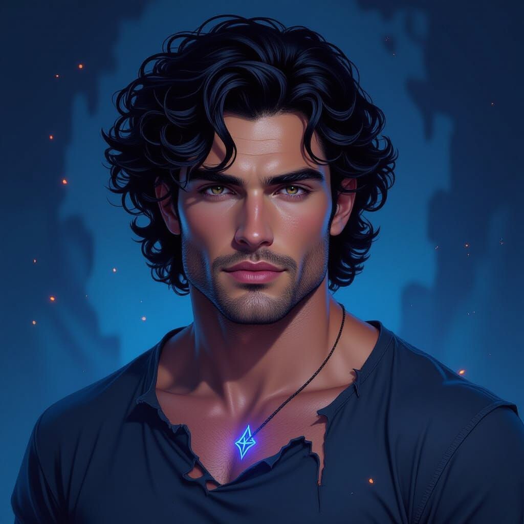 Handsome Man with Black Curly Hair in Torn Shirt