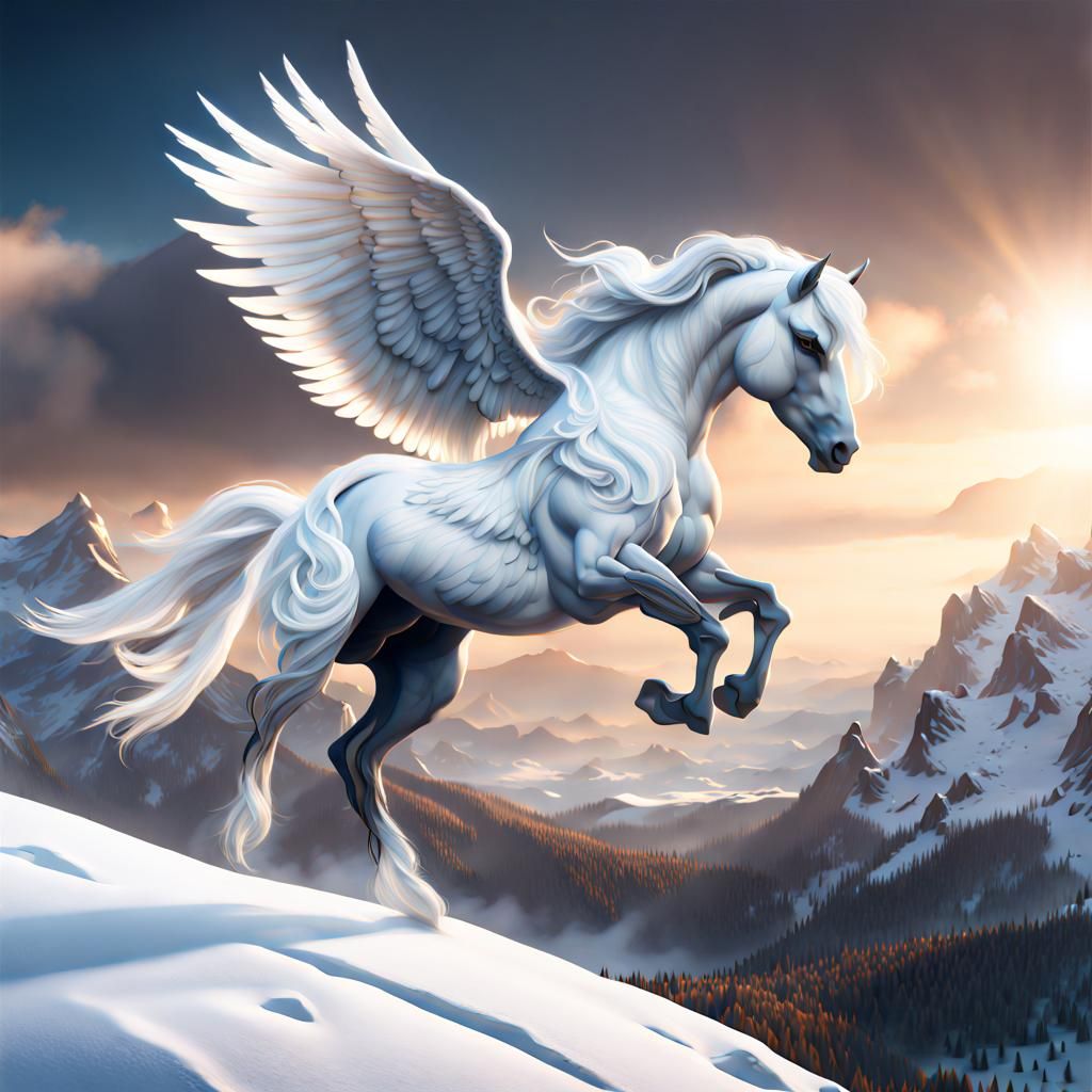 Pegasus the winged horse white as snow flying over the mount...