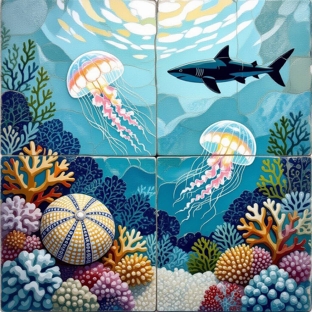 “Mosaic of the depths”, ceramic tiles, each tile a mini-scene