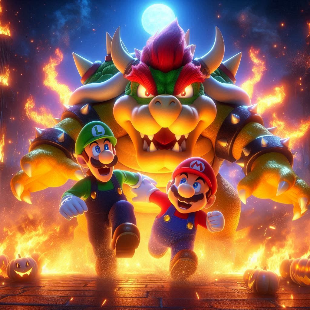Mario and Luigi trying to escape Bowser's anger and flames