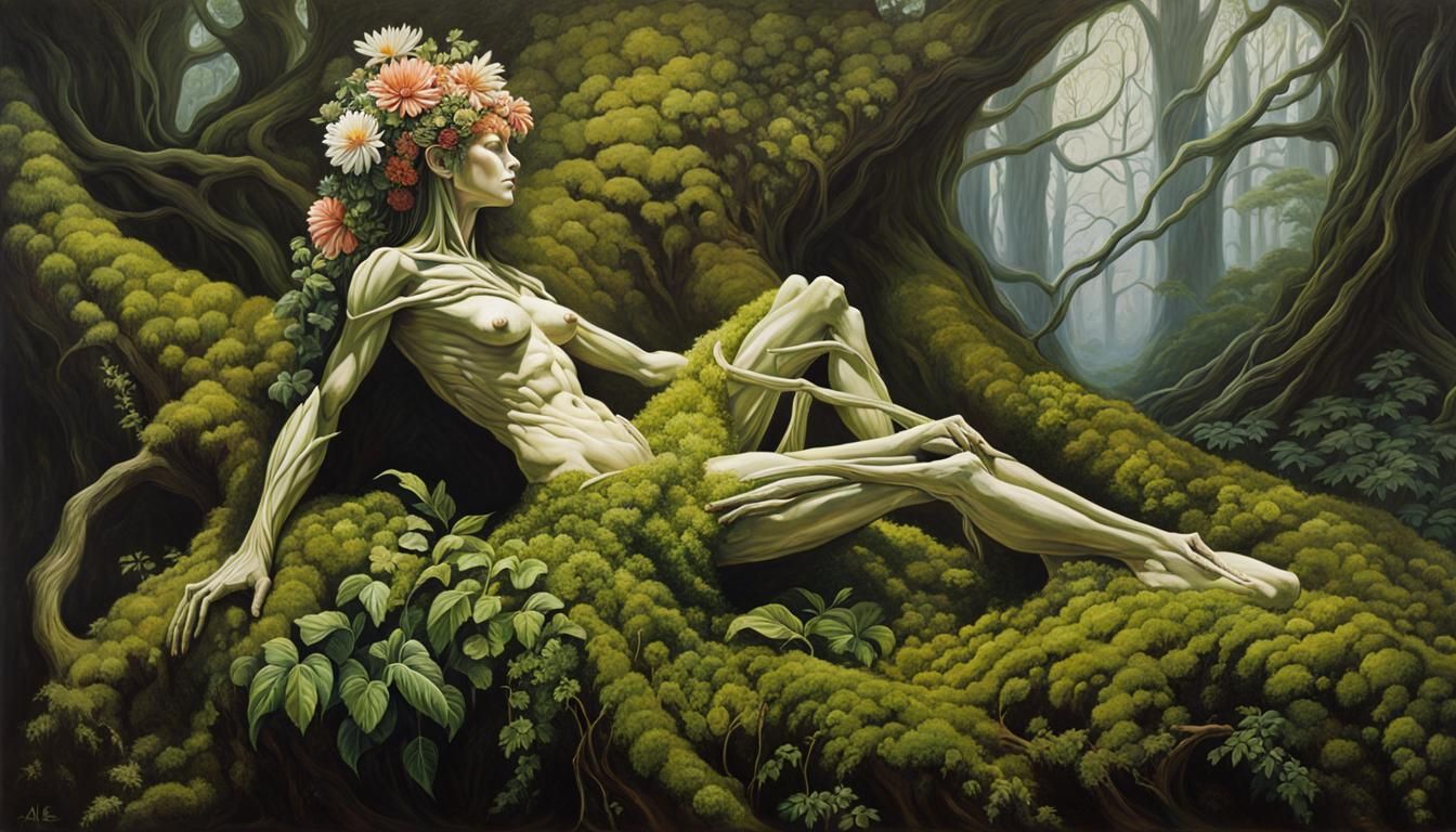 Plant woman, nature spirt {made of wood, flowers, moss, roots, leaves:  1.7}, slight Full body female figure, bone and muscle visible through... -  AI Generated Artwork - NightCafe Creator