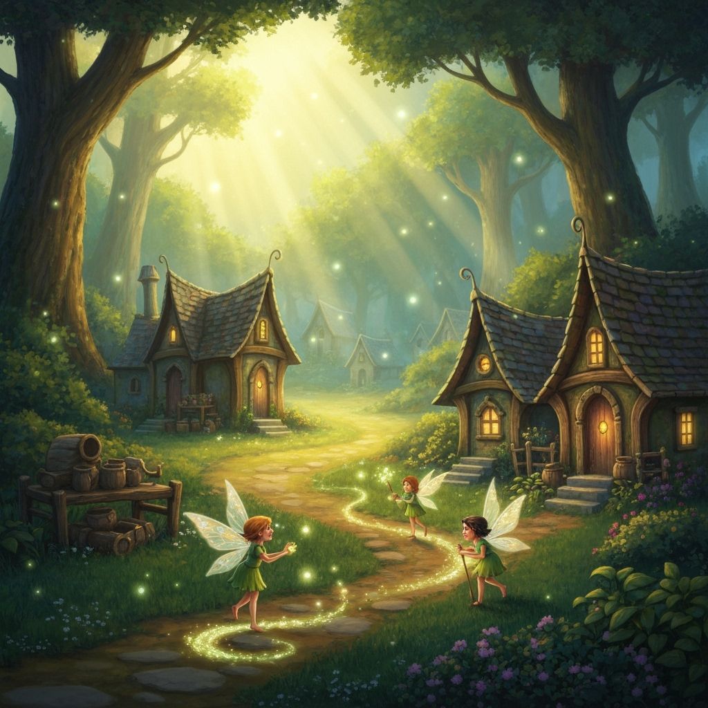 A fantastical tiny fairy village in a small forest clearing. Bathed in sunrays and ethereal light. Magical mana flows from the fairies as th...