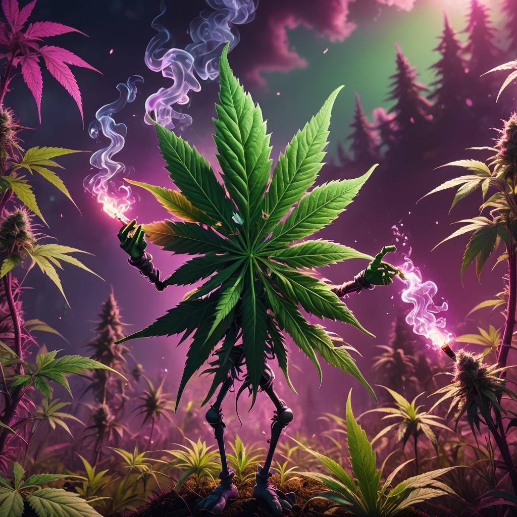 black, cannabis leaf with legs and arms feet, and hands, smoking a joint, cartoon character, field of cannabis plants,