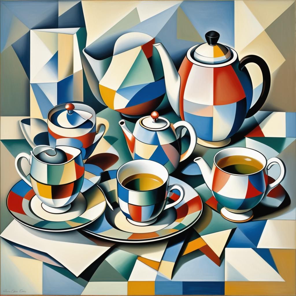 A still life where a tea cup, a tea pot, and a sugar bowl are simplified into geometric shapes, abstract ...  by @JBrosque