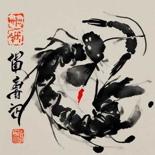 Ink Shrimp in Qi Baishi Style Ink Painting