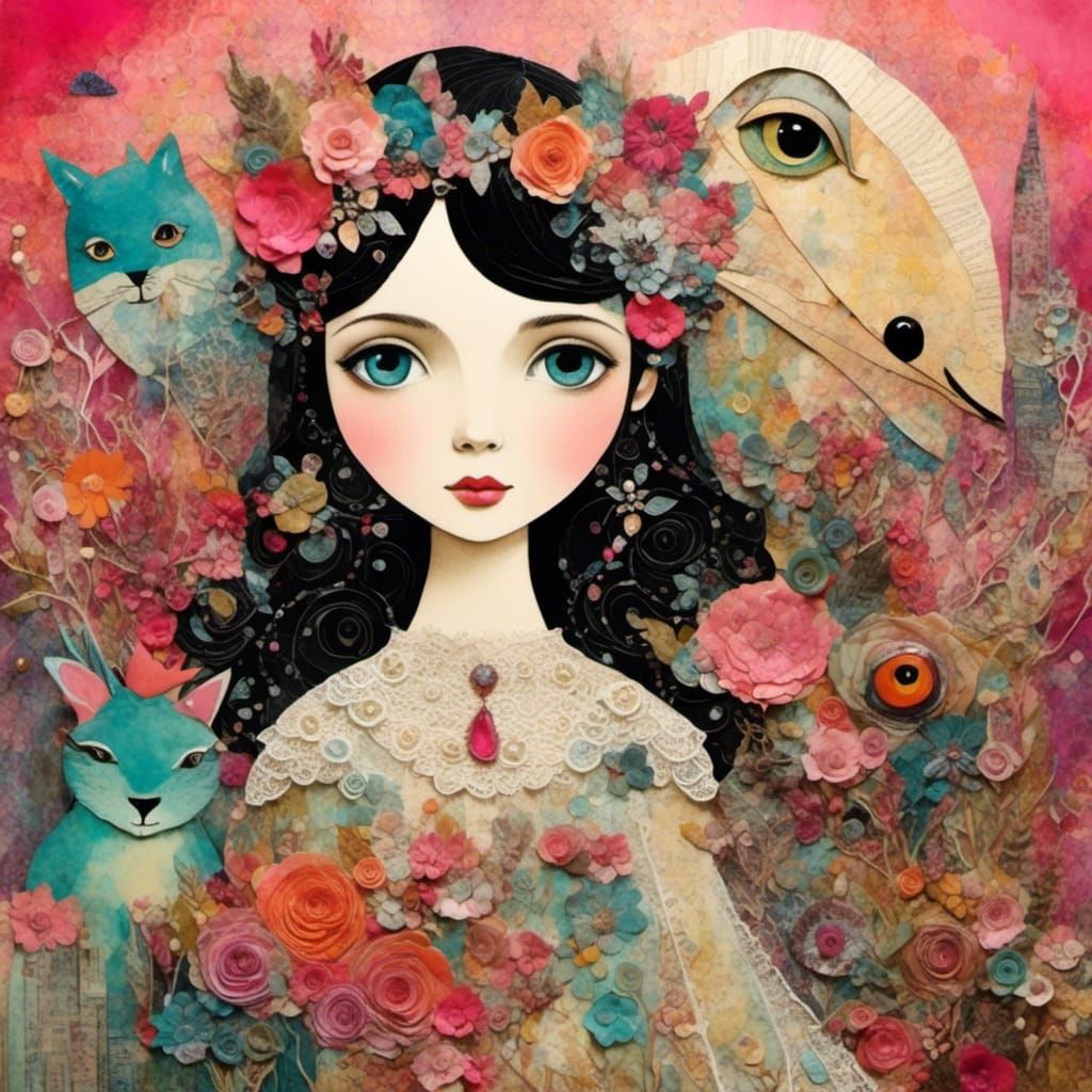 Princess and Her Friendly Fairytale monster  <lora:Collage Machine 2:1.0> collage pronounced_layer_shadows :: pieces of picturebook_pages ::...